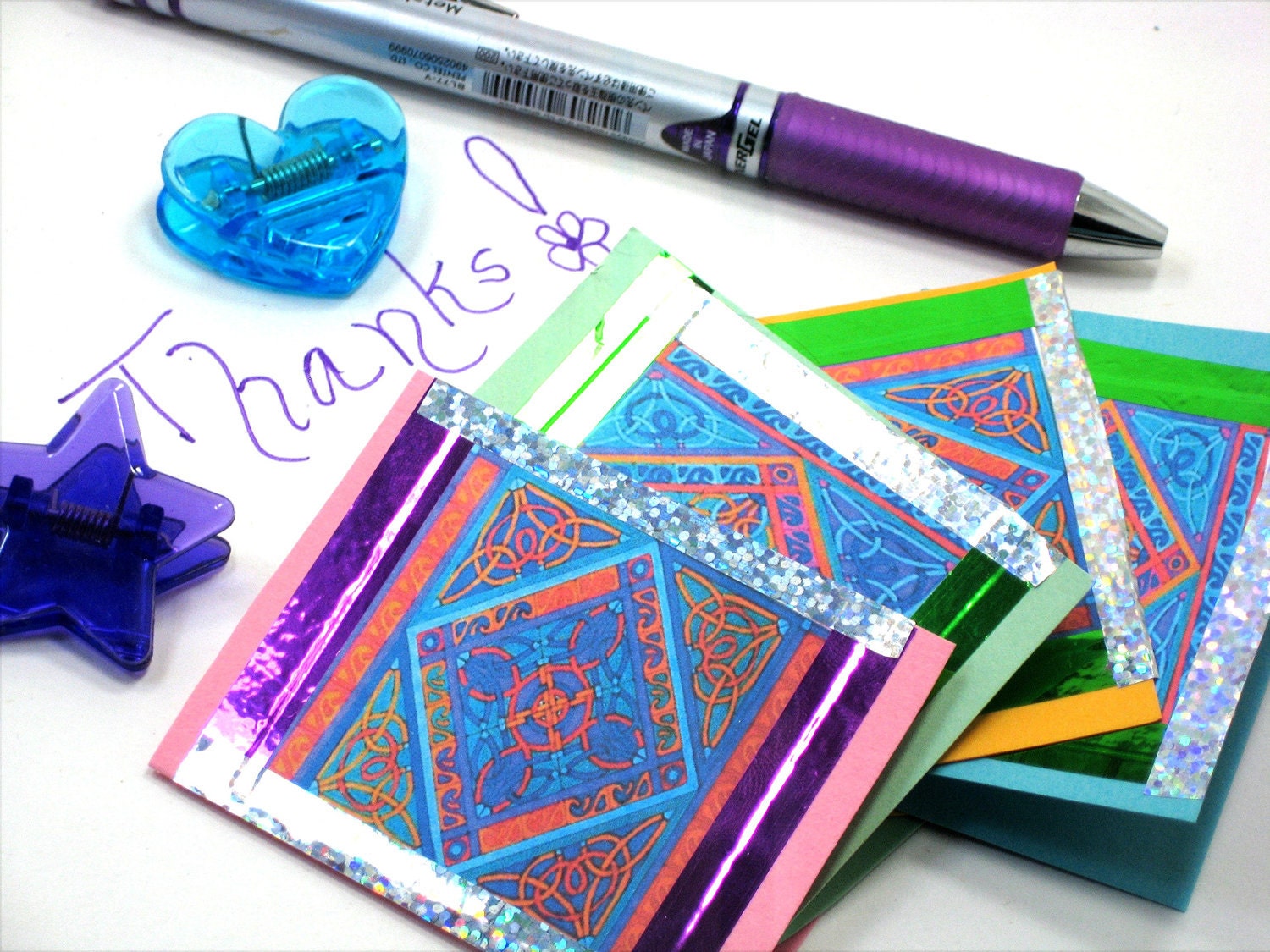 4 Mini Blank NoteCards Each A Celtic Paper Design Patterns Hand-Colored Mini Note Cards Holographic Mandala Pattern