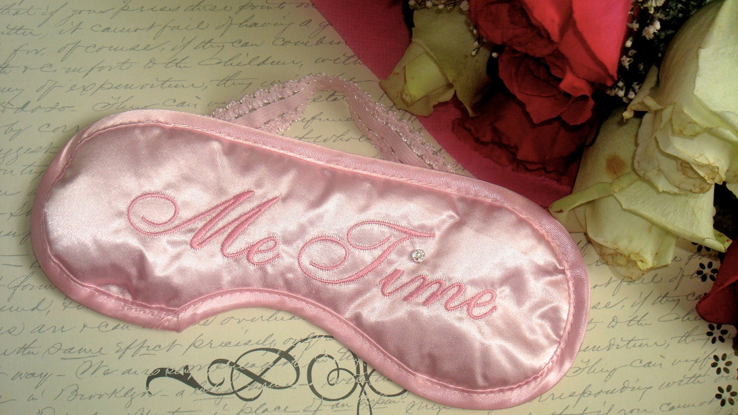 ME TIME Pastel Pink Sleep Mask with Swarovski Crystal & cotton lace sling on back-sleeping mask, pink mask, eye mask, spa accessory