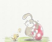 Art Painting Rabbit and Chicken, Easter Art Print, Cute Baby Chicken & Bunny, Kids Room, Nursery Art, Digital, 8" x 8" / 20,3 x 20,3 cm