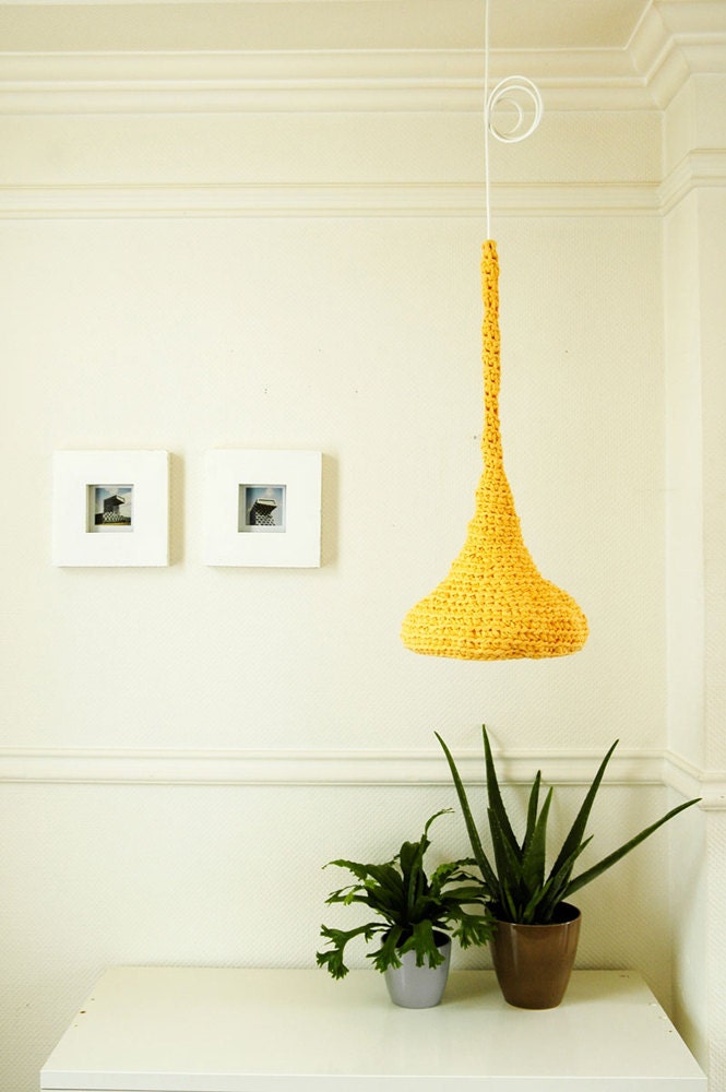Sunshine - Crochet Pendant Lamp / Modern Design Hanging Light / Unique Pendant Lamp from Upcycled Tshirt Yarn / Green Design / Recycling Art