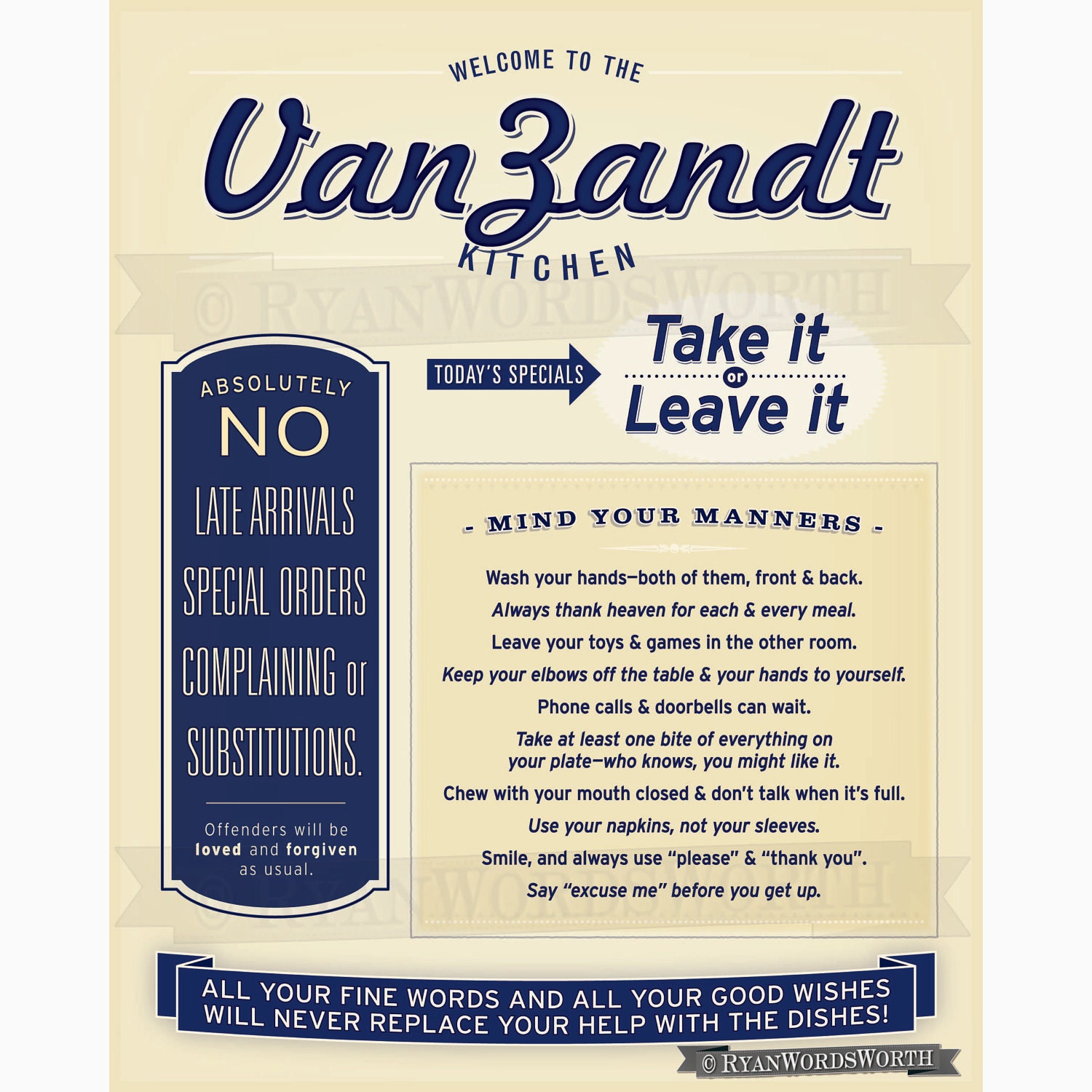 You print: Customizable Kitchen Rules and Manners sign.