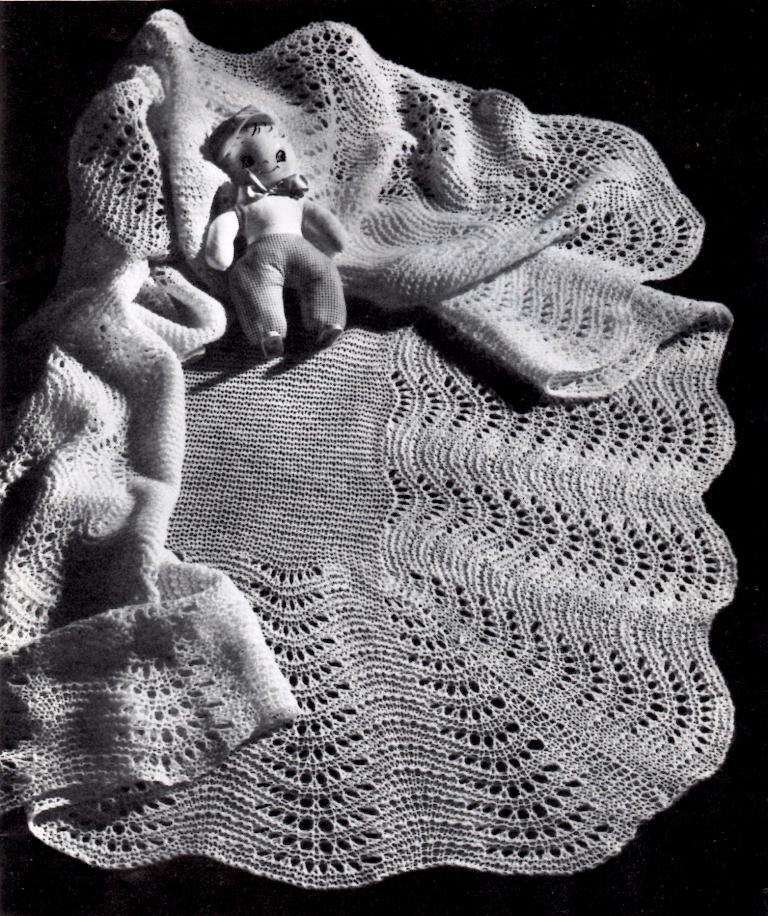 Vintage Knitting Pattern Fan Stitch Shawl Baby Blanket Instant Download
