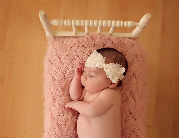 Soft Stretchy Headband Bow with Swarovski Crystals, Newborn Baby Girl, dusty rose, ivory, grey, hot pink, yellow, green, orange, black