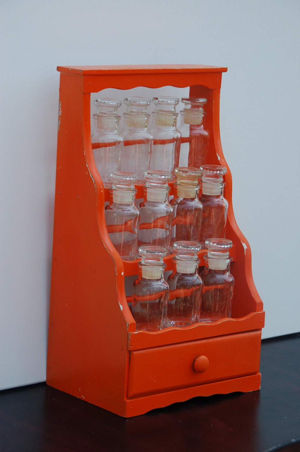 Vintage upcycled orange 3 tier spice rack with glass bottles retro kitchen decor with shelf for small knick knack storage