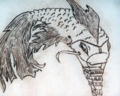 Koi fish carrying a box, whimsical print, lineoleum block print