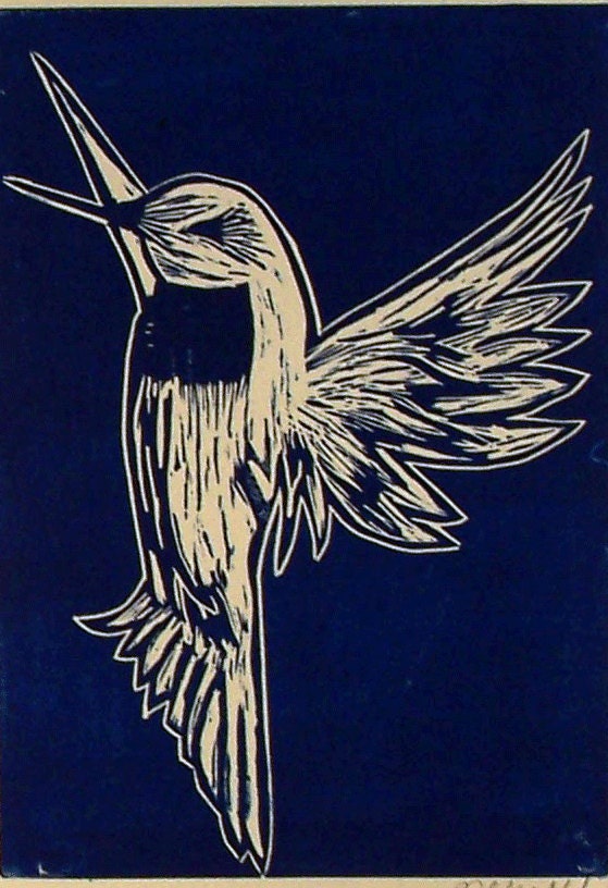 Blue print, Flying hummingbird, hand pulled linocut print