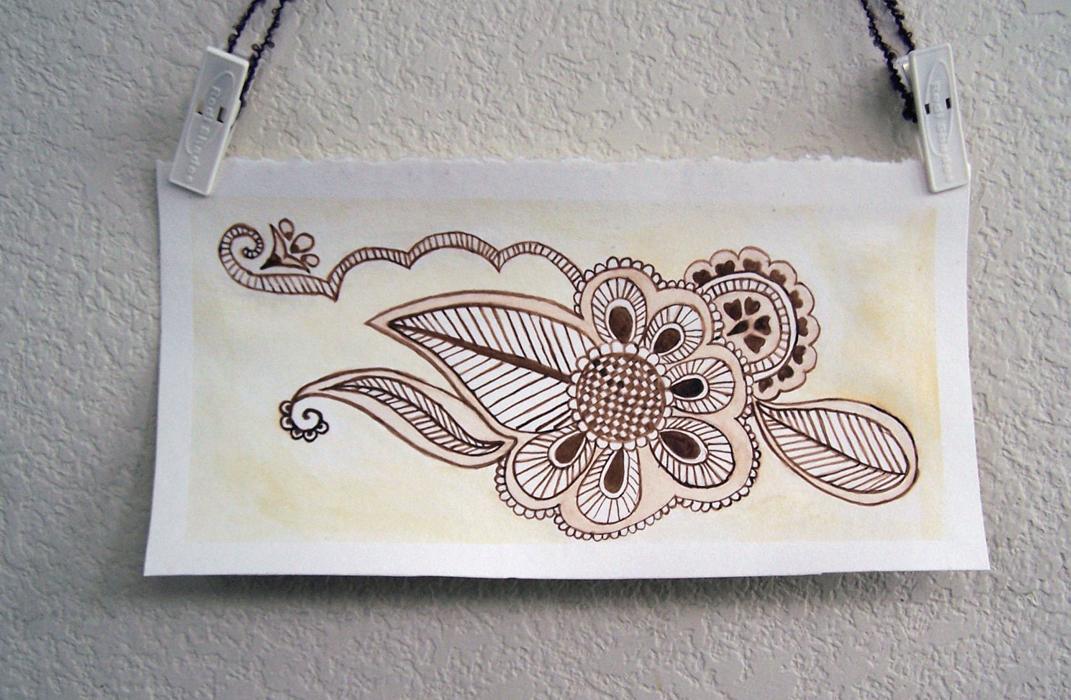 Summertime henna inspired nature watercolor painting, brown and yellow mehendi design