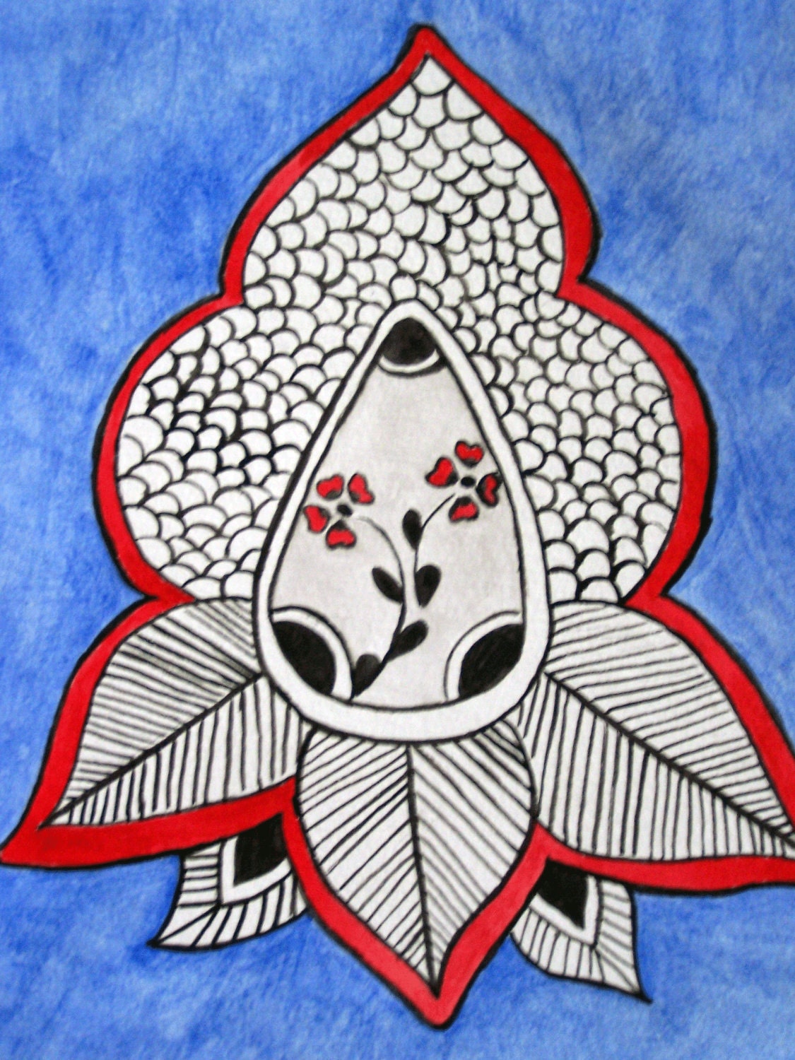 home decor, blue red and black, Henna inspired mehendi watercolor painting, summer time henna design