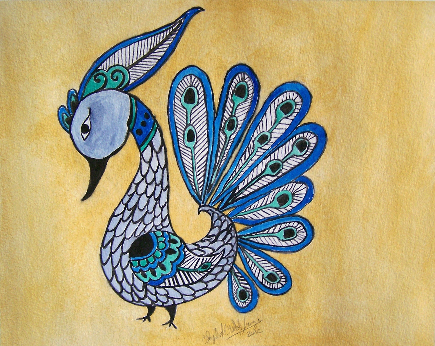 Henna inspired mehendi peacock design, peacock watercolor painting