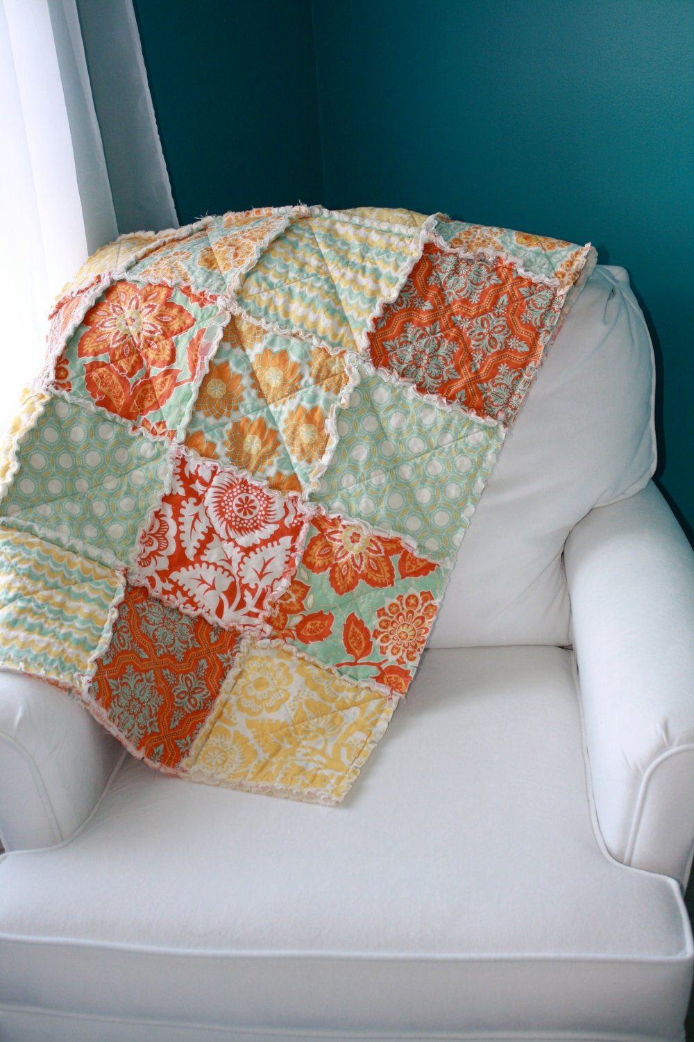 Crib Rag Quilt, for baby or toddler, Heirloom by Joel Dewberry, yellow gold aqua orange, photo prop