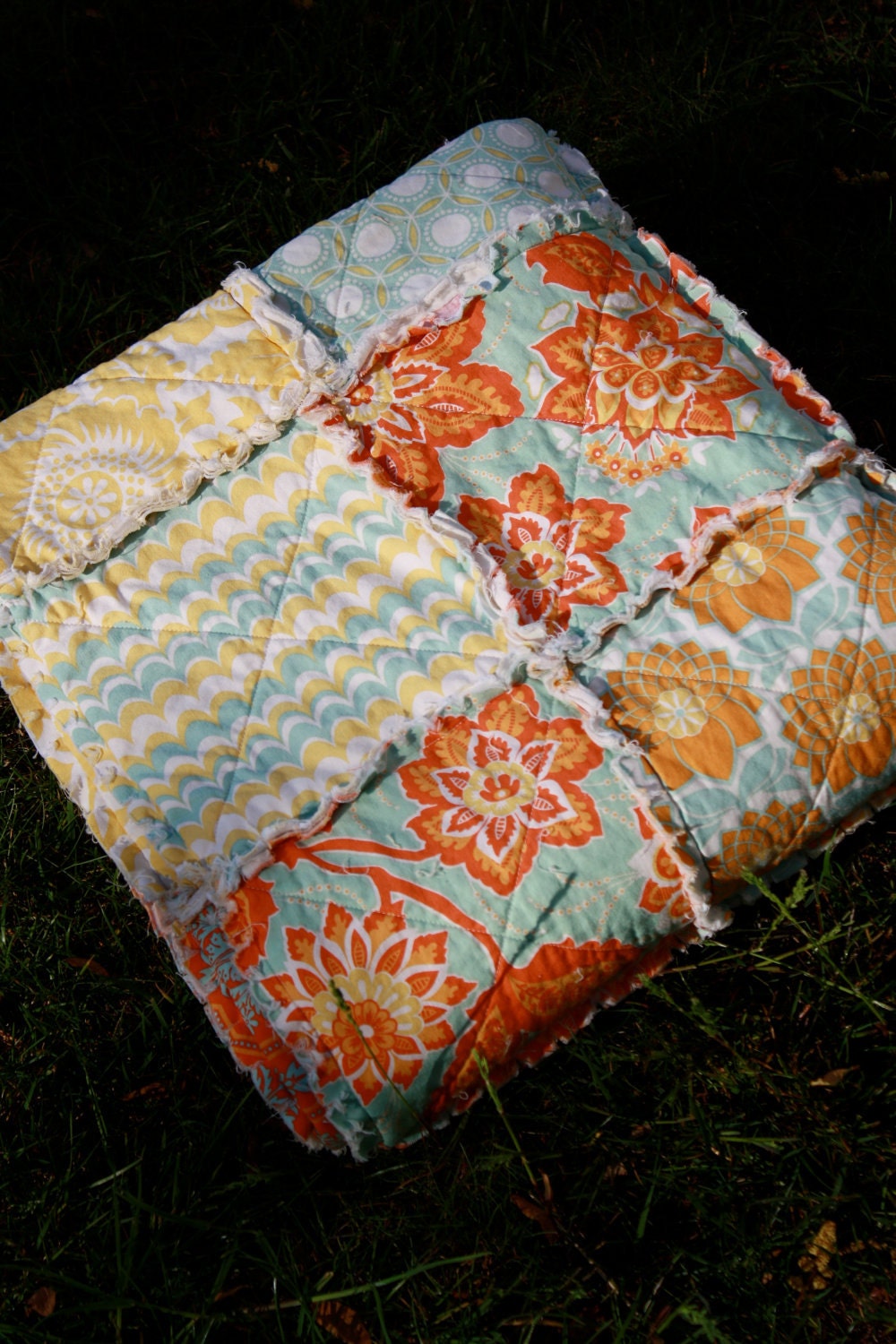 Crib Rag Quilt, for baby or toddler, Heirloom by Joel Dewberry, yellow gold aqua orange, photo prop