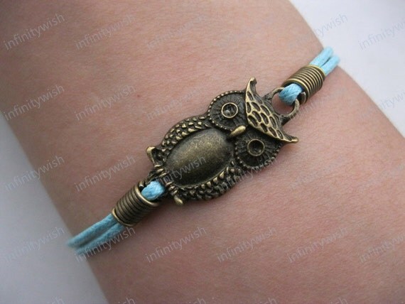Bracelet-antique bronze owl bracelet,owl wax cord bracelet-Z134