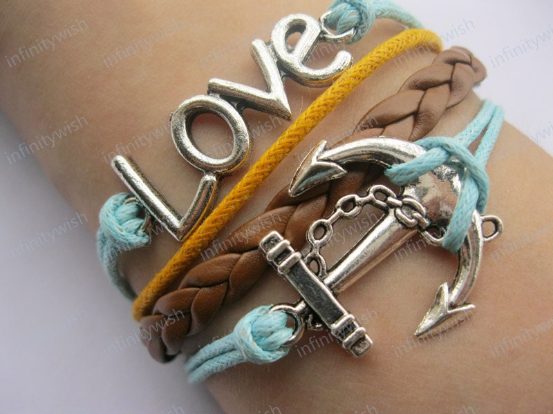 Bracelet-antique silver anchor bracelet,love bracelet, wax cords bracelet-Z224