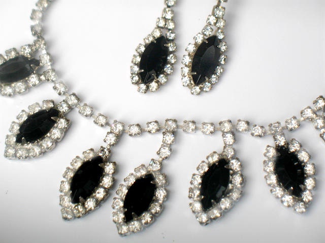 Vintage Black and Crystal Rhinestone Necklace and Earring Set Demi Parure Silver Tone Victorian Dangle Style