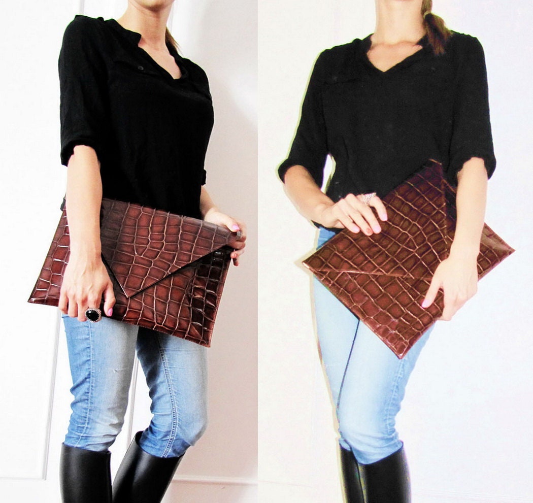 14" X 10" Oversized Envelope Clutch / Mac 11" or 13" case Portfolio/ in Extremely Elegant, Mahogany Croc Leather.UNIQUE