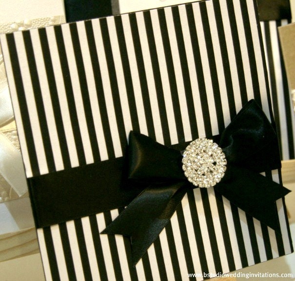 Wedding Invitation Card- Black and White Stripes Jewel Diamante - Grace
