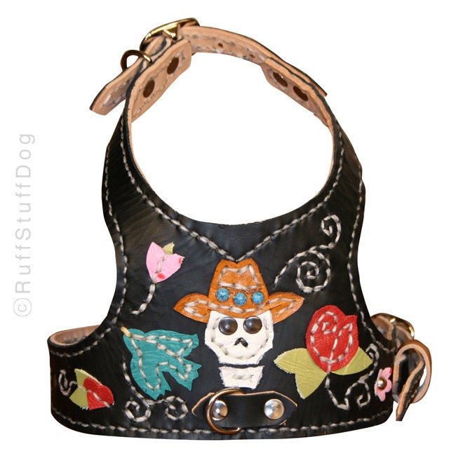 Custom Leather Dog Harness-Day of the Dead-Black-Size Extra Small thru Med.