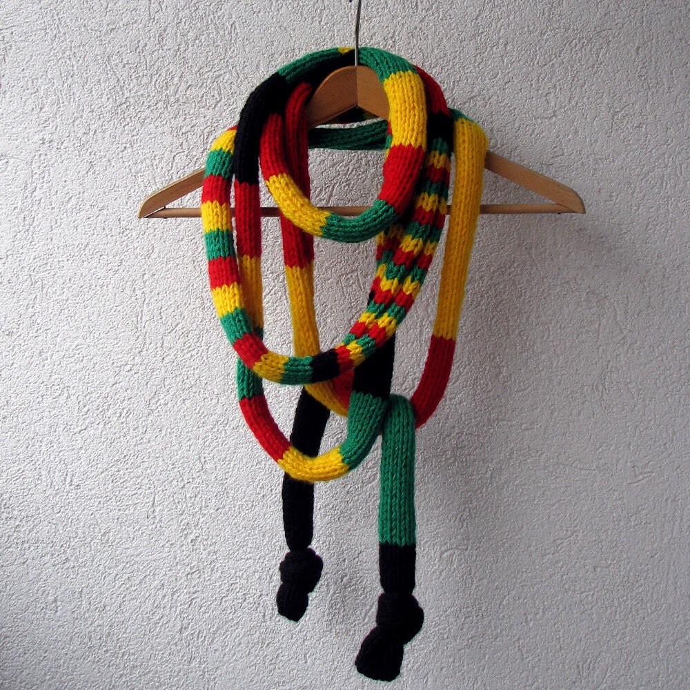 Rasta Scarf - Bob Marley - Reggae - Knit Scarf Necklace - Long Scarf Handknitted -Knit Scarf Necklace