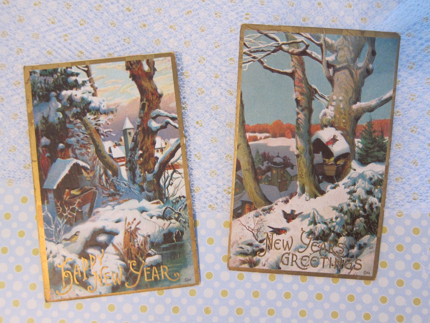 Lot of 2-- Vintage New Year's Postcards with a winter scene