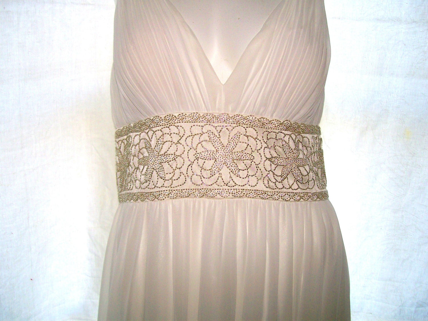 Oleg Cassini Grecian Gown - White Poly/Silk - Beaded Waist Band - Empire Style