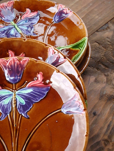 Majolica Art Nouveau Set of 4 plate butterfly design.