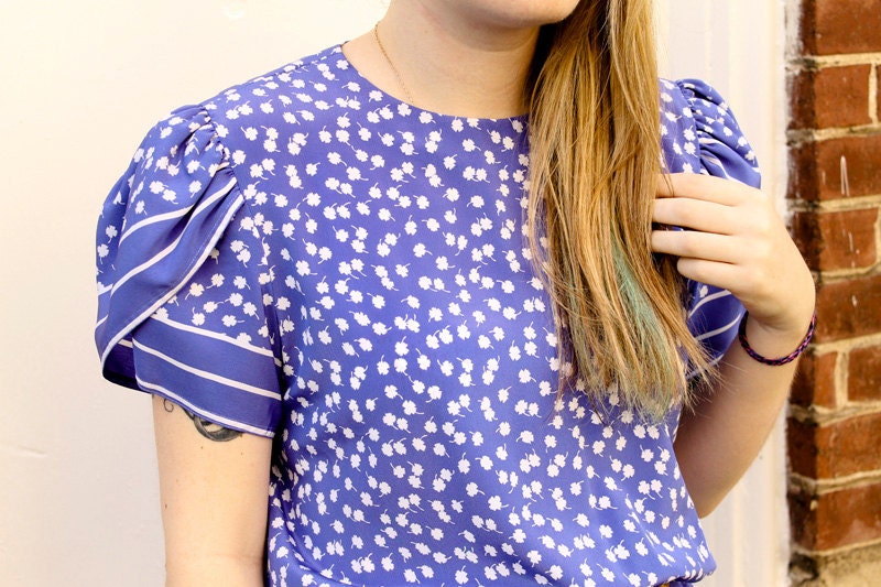 Periwinkle and White Floral Flutter-Sleeved Dress