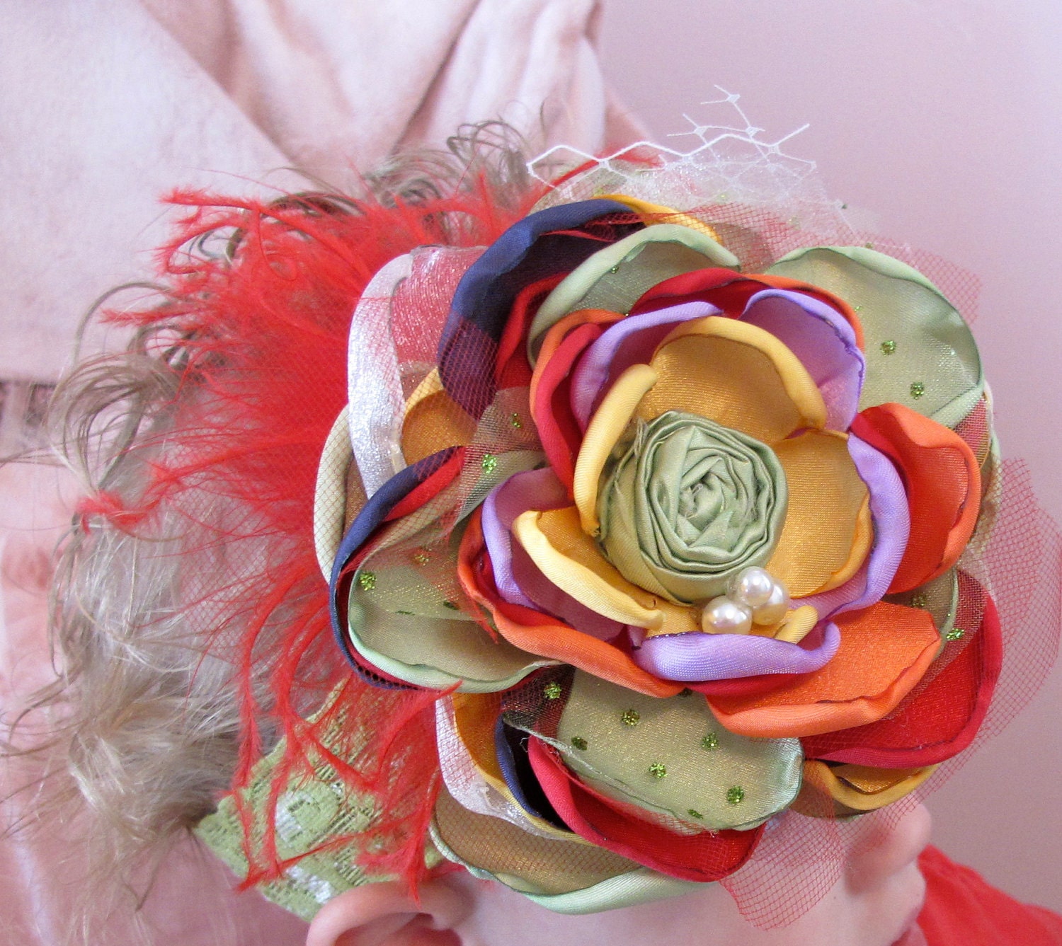 M2M Matilda Jane Inspired Rainbow flower headband with rosette center and red ostrich feathers. Gorgeous for all occasions