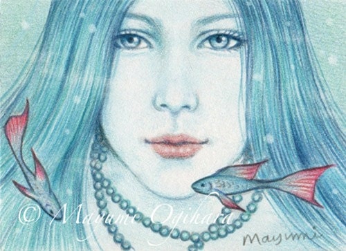 Aquamarine - original ACEO, colored pencil drawing, fantasy art, 2.5 X 3.5"