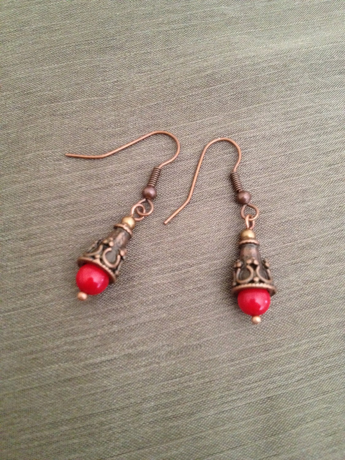 Red Natural coral earrings in copper