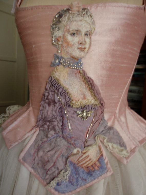 Marie Antoinette Portrait Hand Embroidered Silk Thread Painting Rococo Wedding Corset Bodice Paris Couture Theatre
