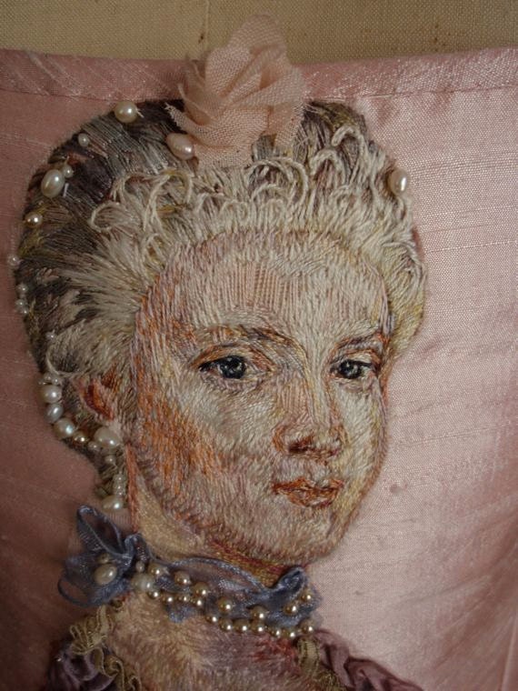 Marie Antoinette Portrait Hand Embroidered Silk Thread Painting Rococo Wedding Corset Bodice Paris Couture Theatre