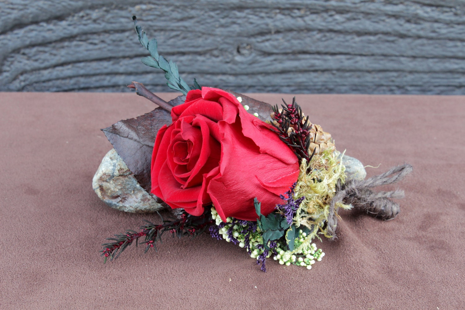 Rustic Wedding, Woodland Wedding, Grooms Boutonniere with Preserved Dark Red Rose, Pinecone and Woodland Foliage 117
