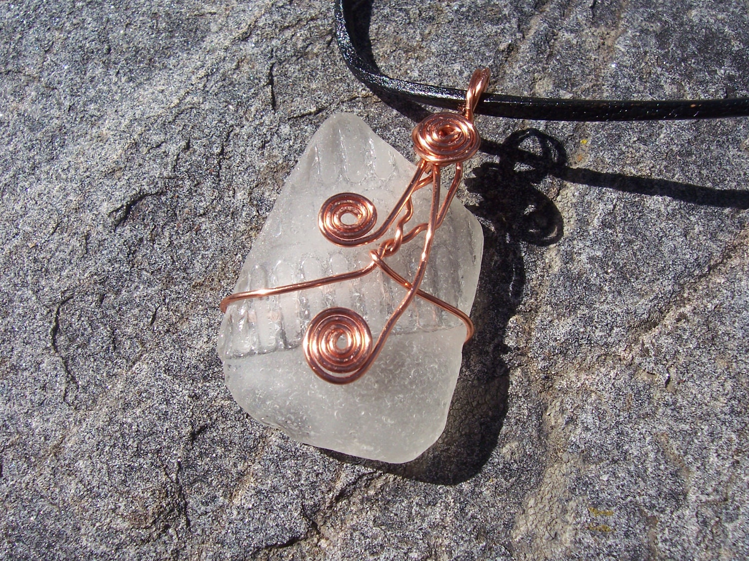 Copper Wire Wrapped White Lake Erie Beach Glass on Leather Cord Necklace - 24 inches OOAK