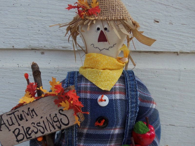 Standing Fabric Stuffed Primitive Scarecrow, Autumn Scarecrow, Handmade and Handpainted, Made of Recycled Blue Jeans - NorthShedTreasures