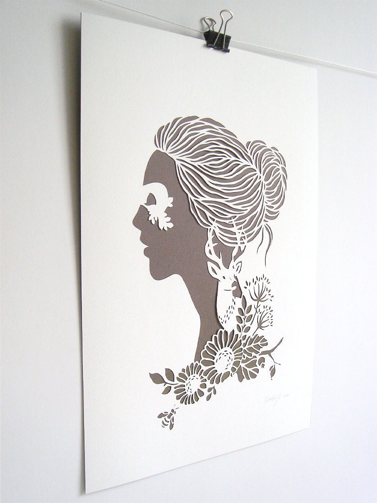 Dryad - hand cut silhouette papercut poster - white, sepia, A4