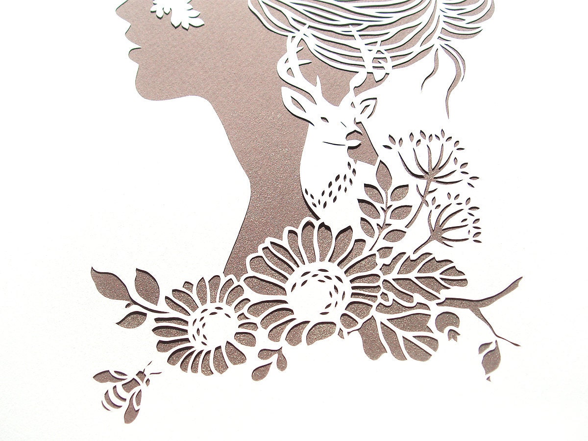 Dryad - hand cut silhouette papercut poster - white, sepia, A4