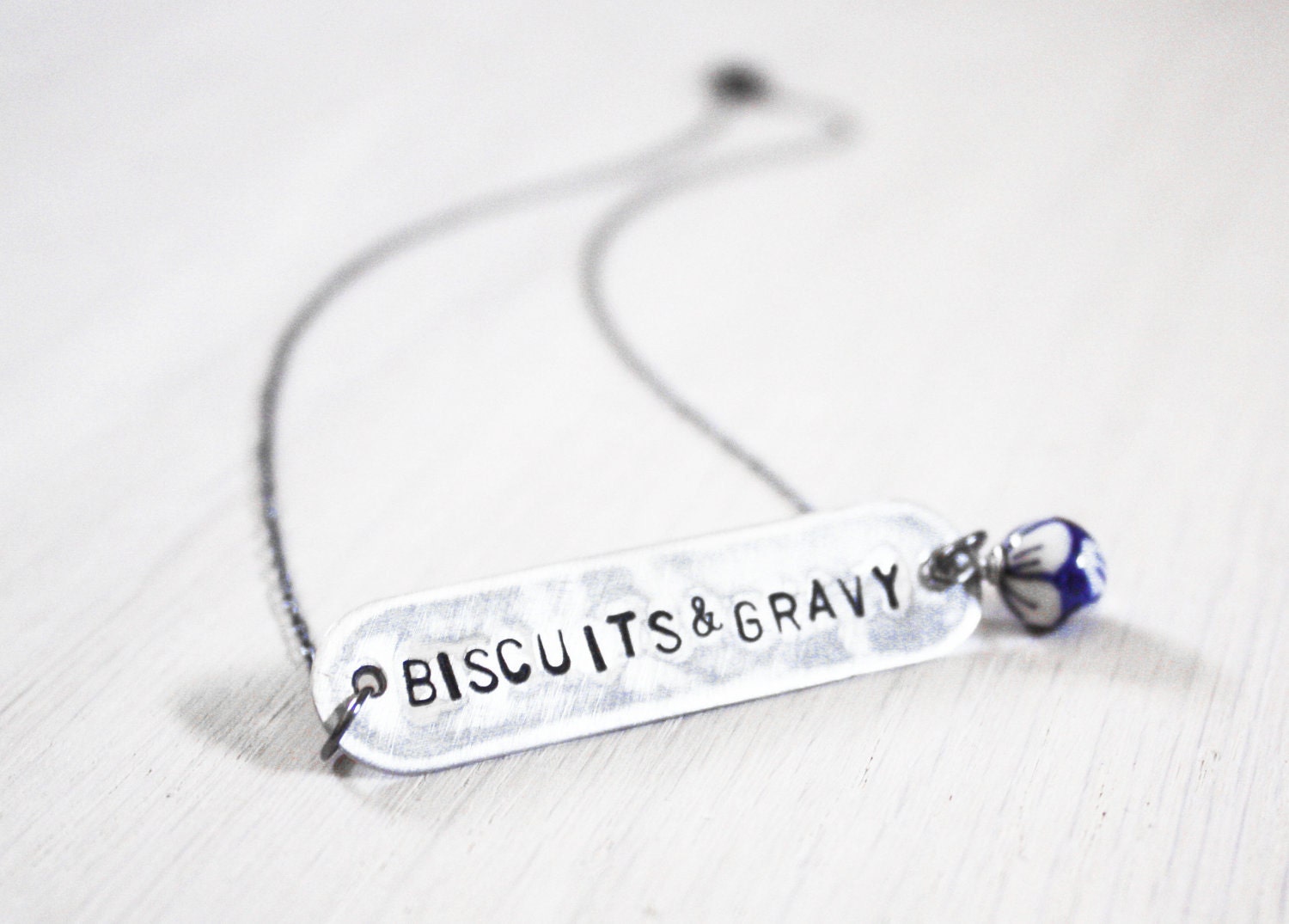 Biscuits and Gravy Necklace - southern cooking rustic upcycled vintage blue stamped charm on sterling silver chain - hand-stamped jewelry
