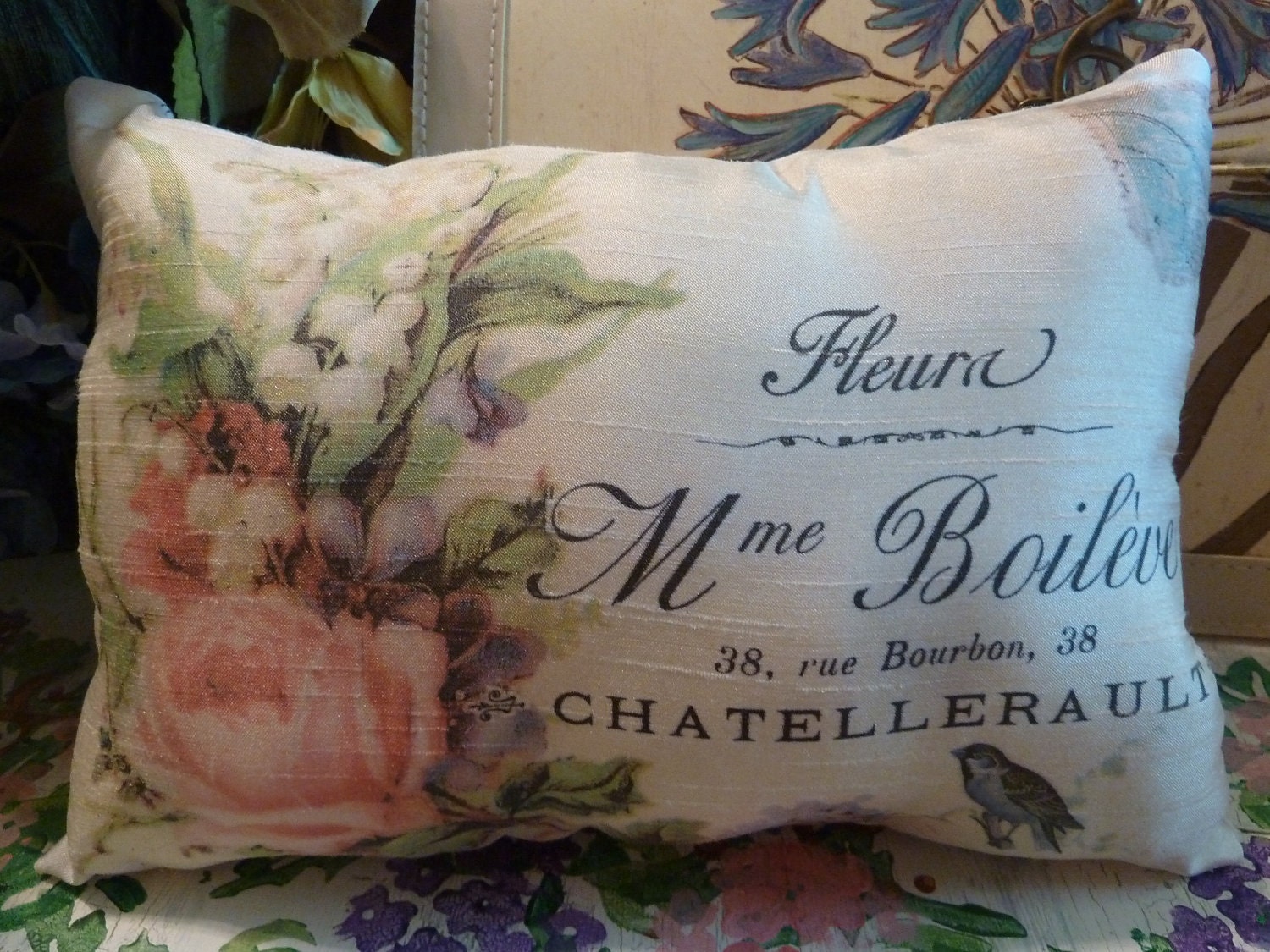Vintage Print of Floral Envelope w Bird Small Cushion - Maisonvogue