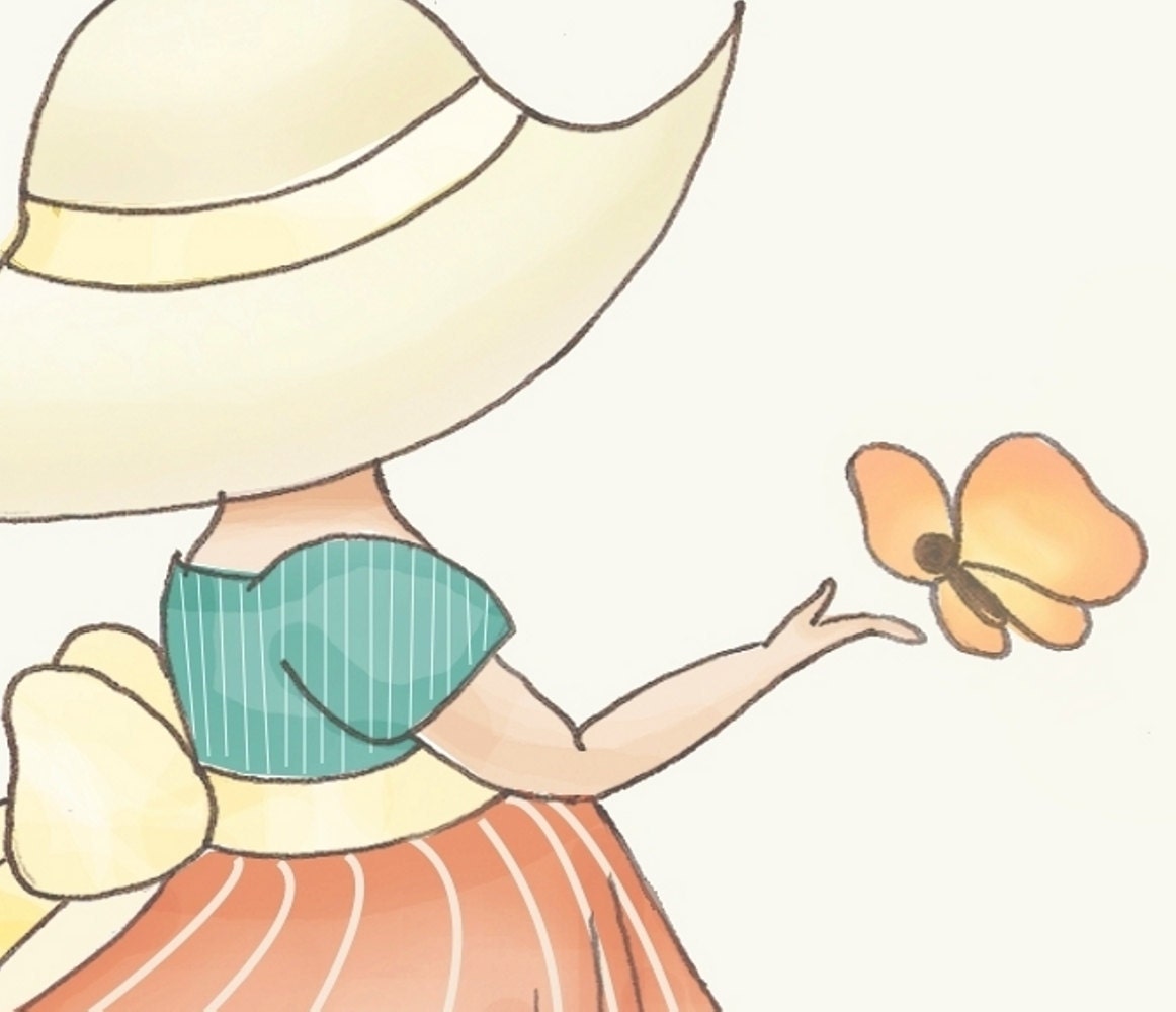 Nursery art, baby girl, Orange Butterfly, Childrens Art Print 11x14 cream orange autumn illustration