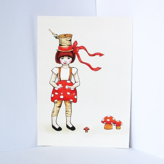 Red woodland girls, postcards, children, wall art, decor, art print, set of 3