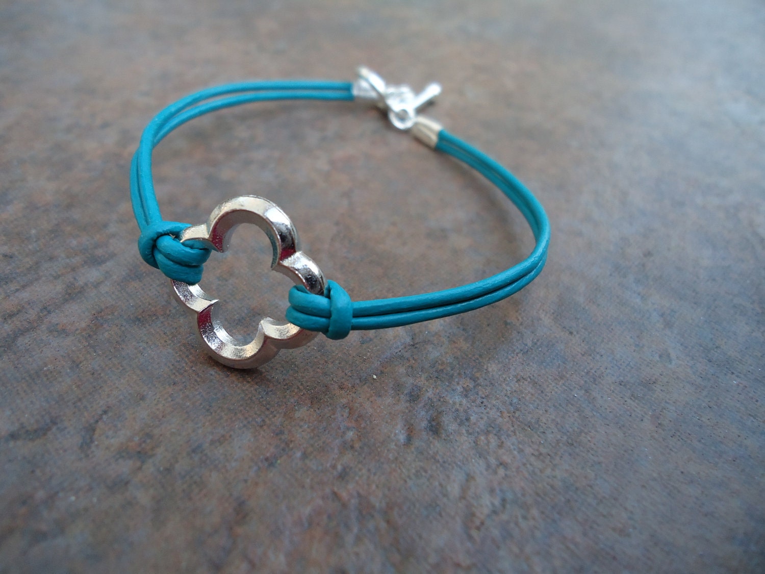 Turquoise Blue Green Leather Silver Quatrefoil Clover Bracelet