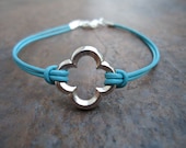Tiffany Robin Egg Blue Leather and Silver Quatrefoil Clover Bracelet