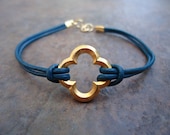 Iris Blue Leather Gold Quatrefoil Clover Bracelet