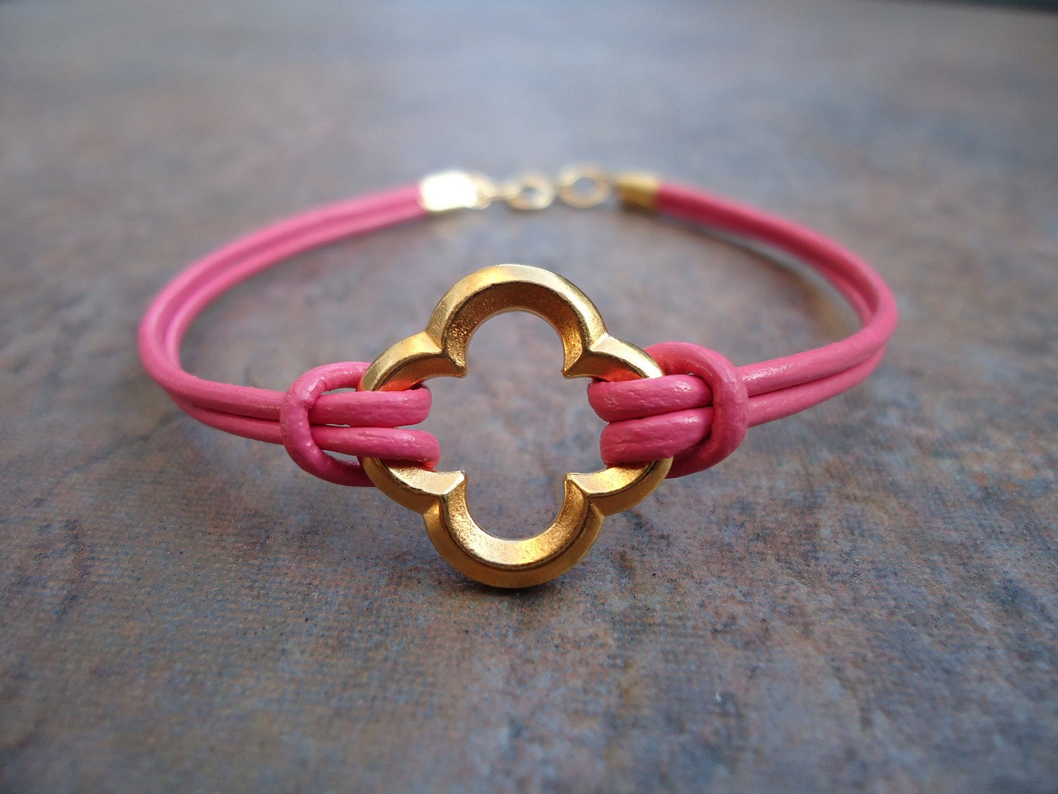 Watermelon Pink Leather Gold Quatrefoil Clover Bracelet