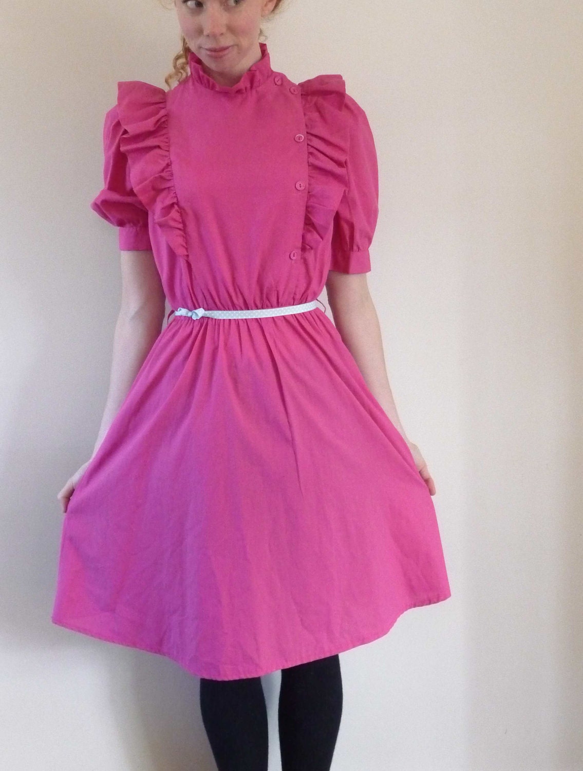 Hot Pink High Neck 80s Knee Length Dress