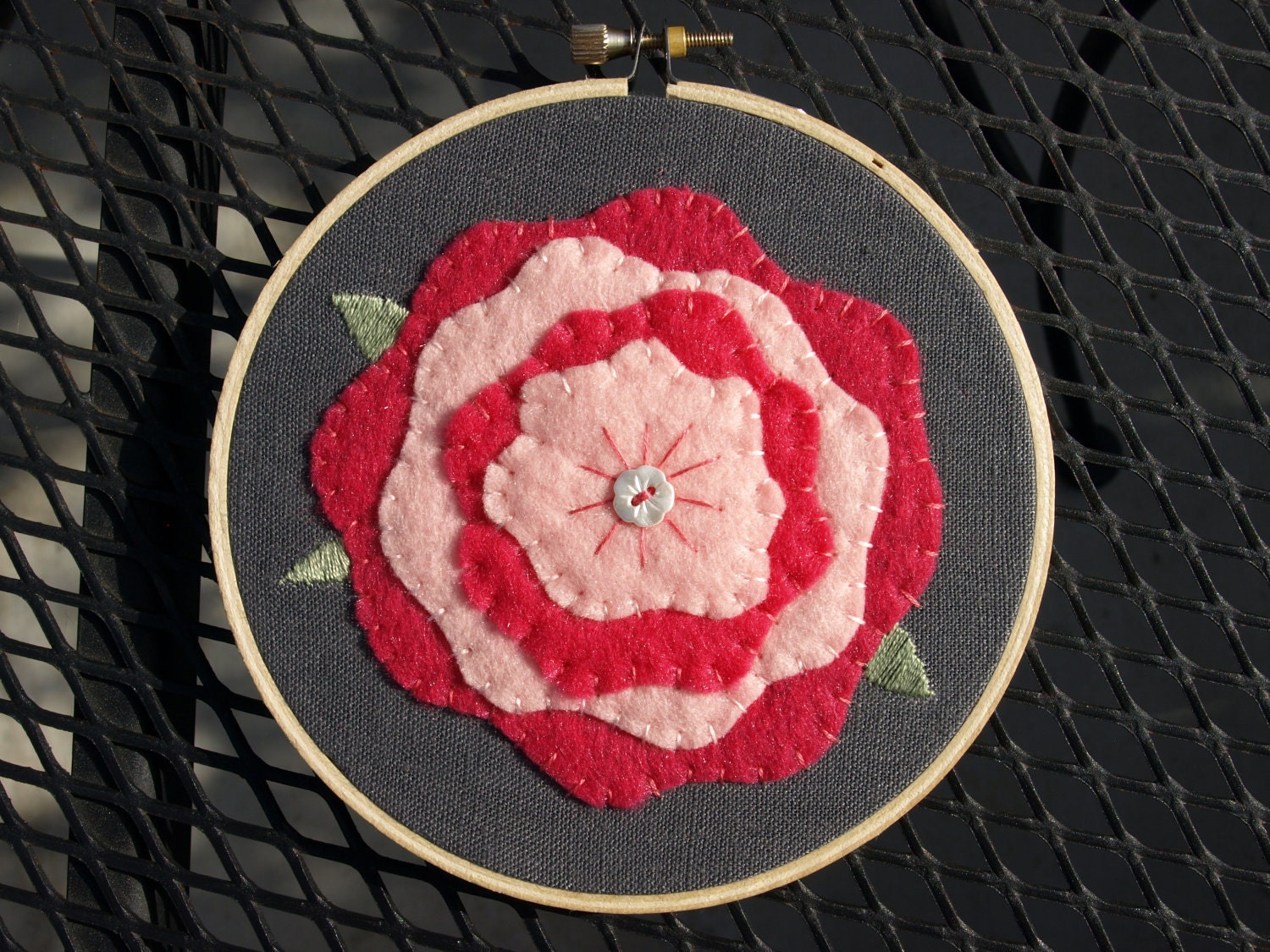 Hand embroidered flower felt applique wall art ready to hang in 5" wooden embroidery hoop
