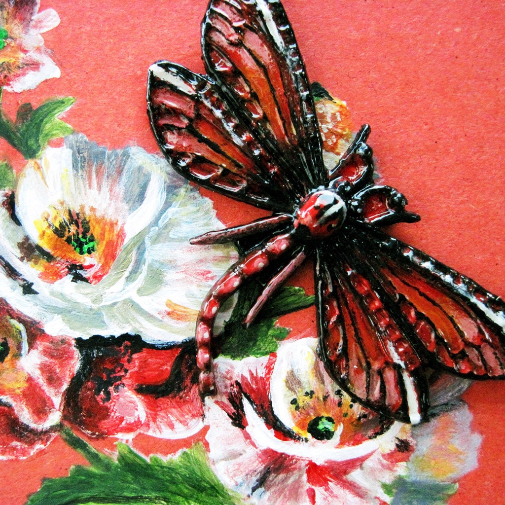 Red Hand Painted Dragonfly Necklace & Gift Box Painted With Vintage Poppies