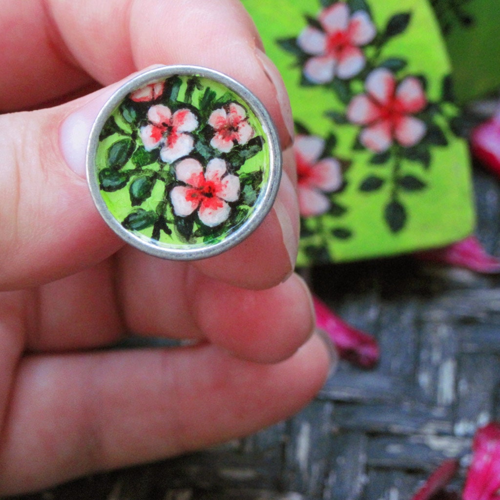 Cloisonné Style Pink and Lime Floral Earrings With Matching Hand Painted Gift Box