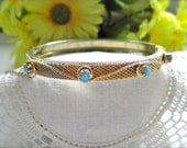 Vintage BANGLE BRACELET Turquoise Cab Sets on Mesh Braid Trim