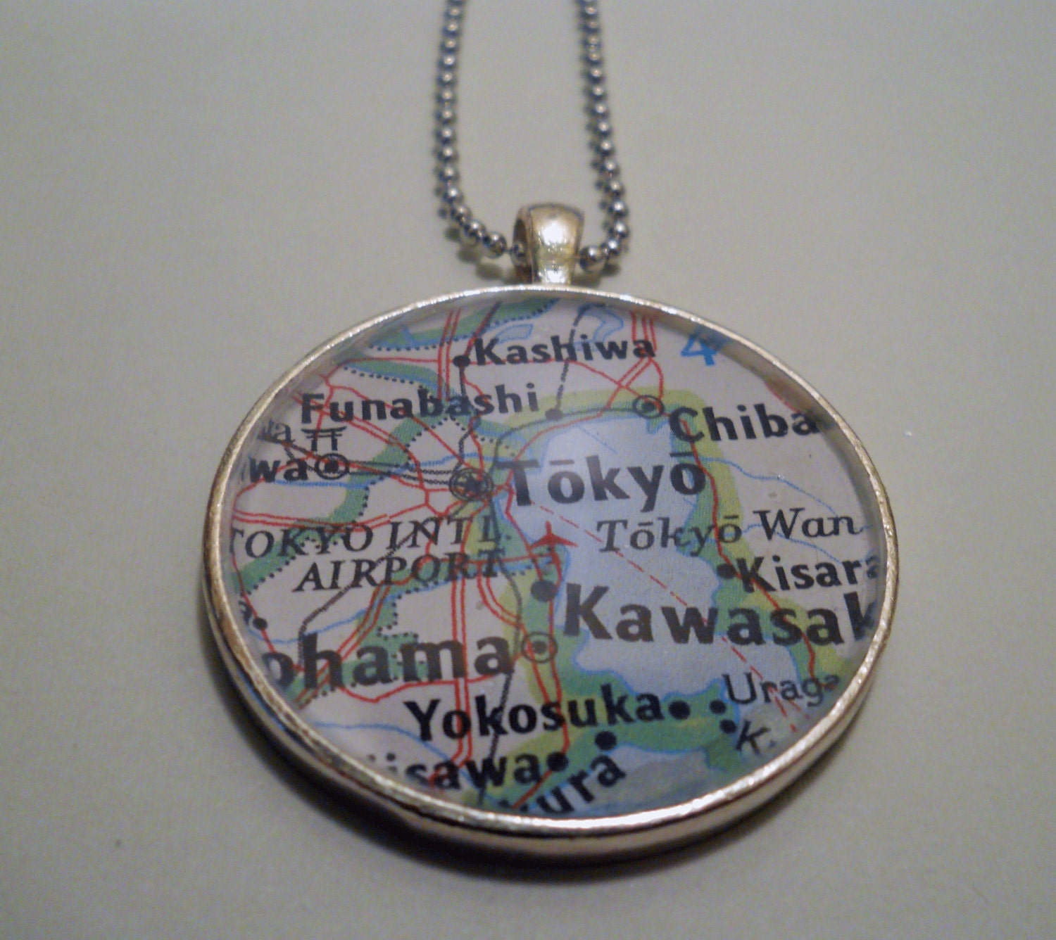 Large Silver Necklace TOKYO JAPAN Map Round 1.5" Pendant Ready To Ship